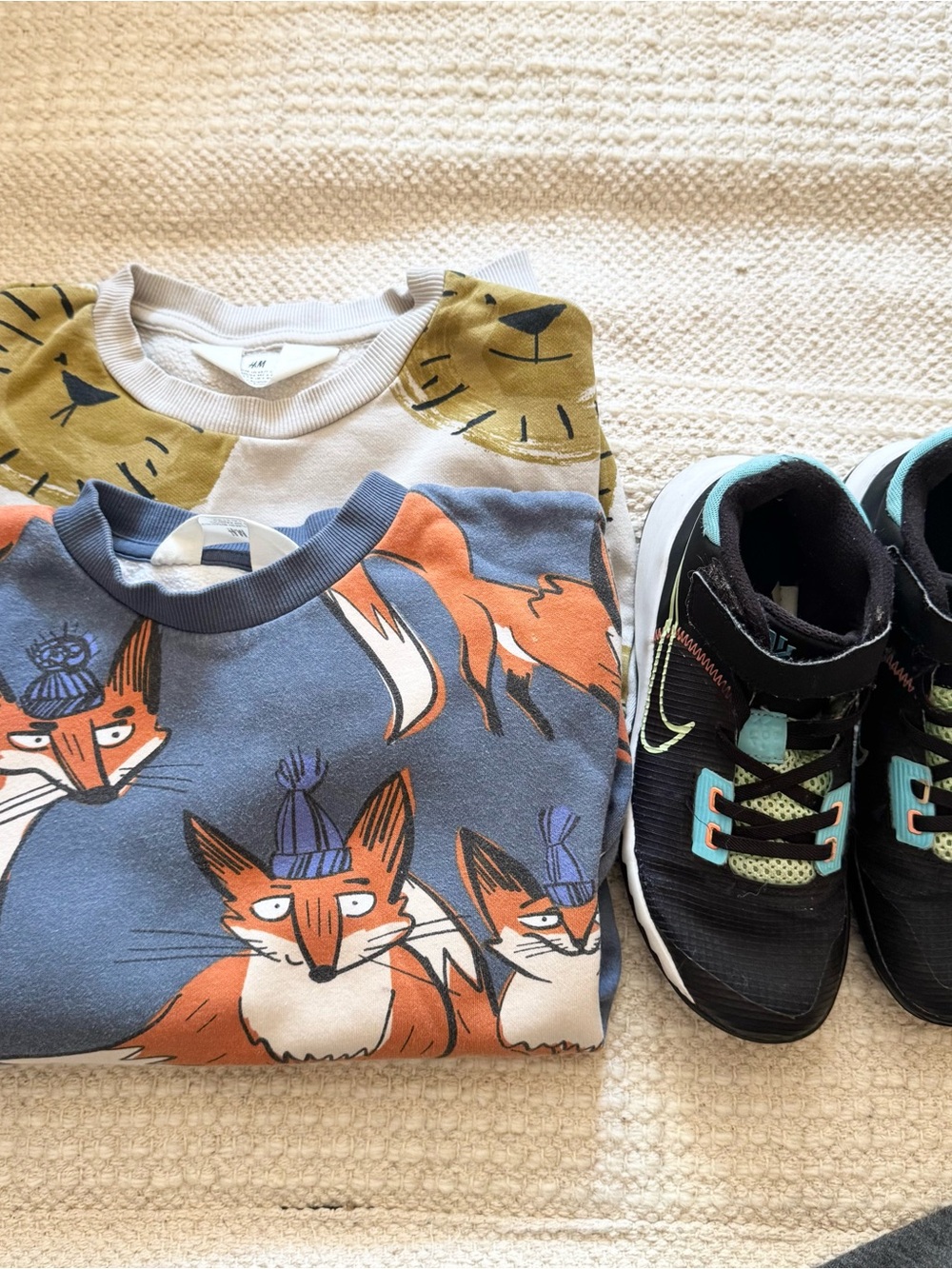 H&M Blue Fox Print Crewneck Sweatshirt with Orange Fox Motif & Nike Sneakers